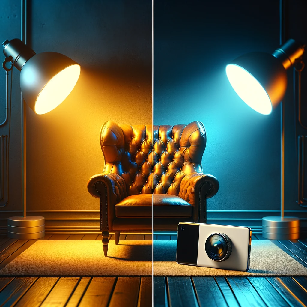 product photography scenes: a warm-lit leather armchair and a cool-lit tech gadget, demonstrating the impact of color temperature
