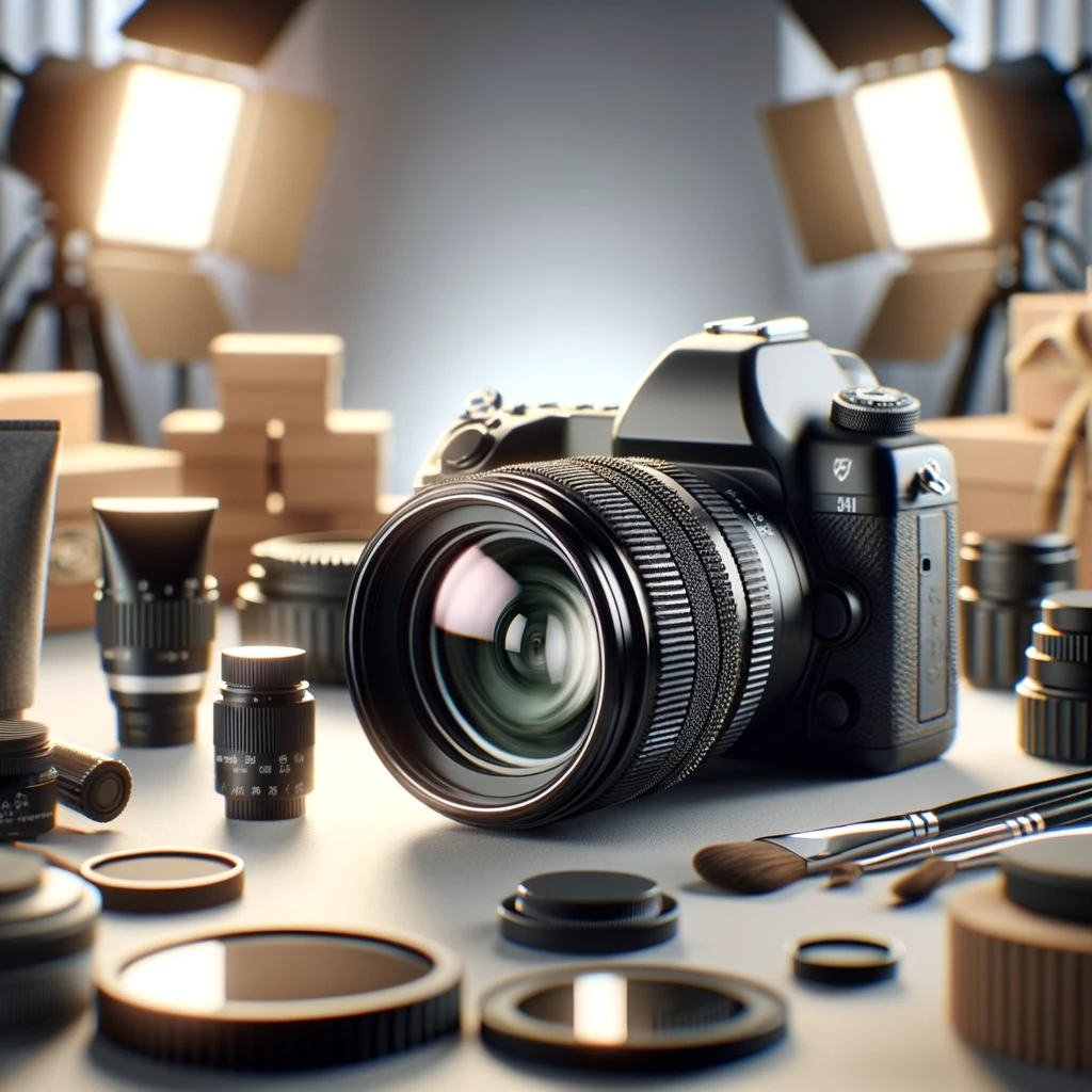 A square photo of a camera with a product photography lens, surrounded by small products in a well-lit studio