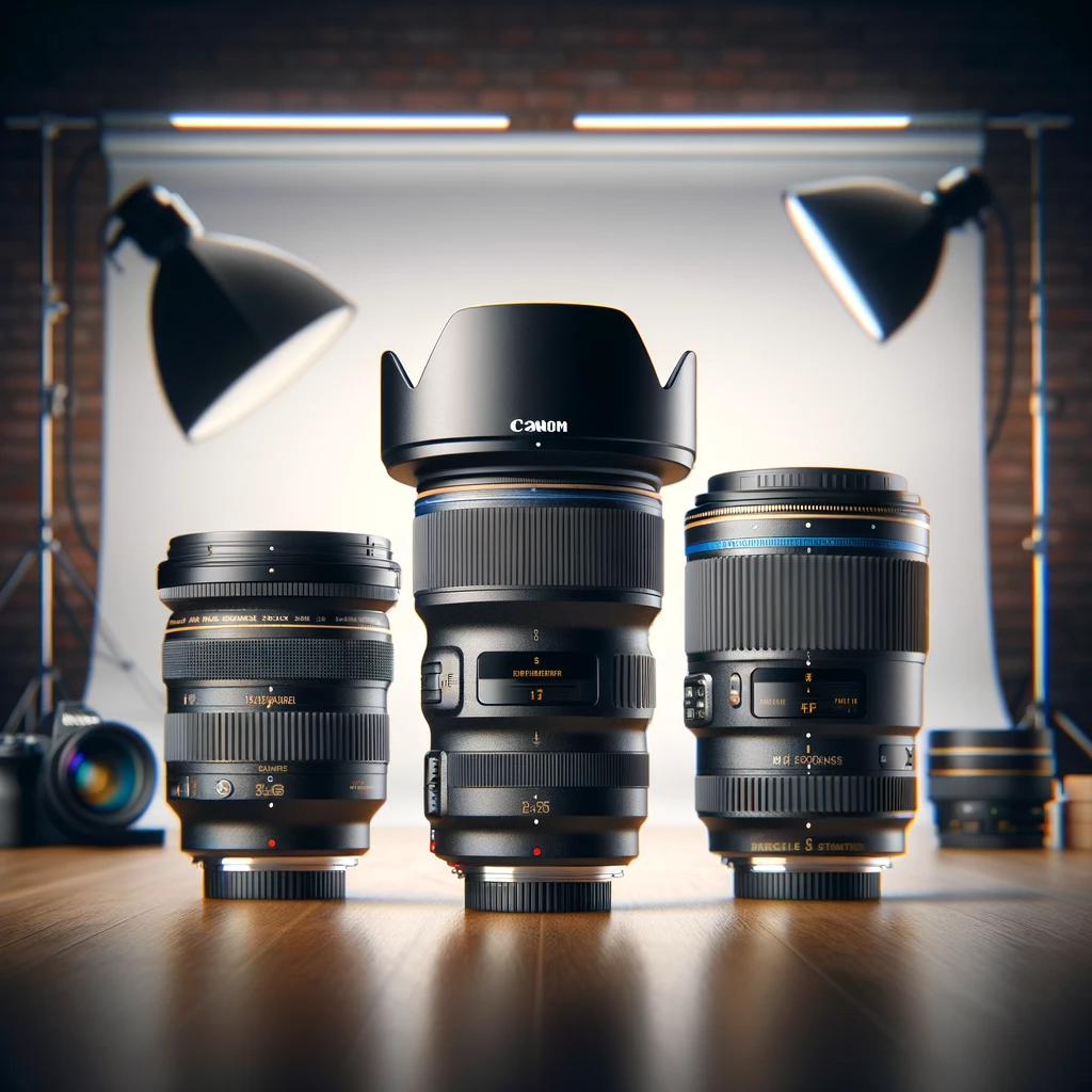 Three camera lenses (Canon EF 100mm, Nikon 105mm, Sigma 70mm) for product photography displayed in a studio setting