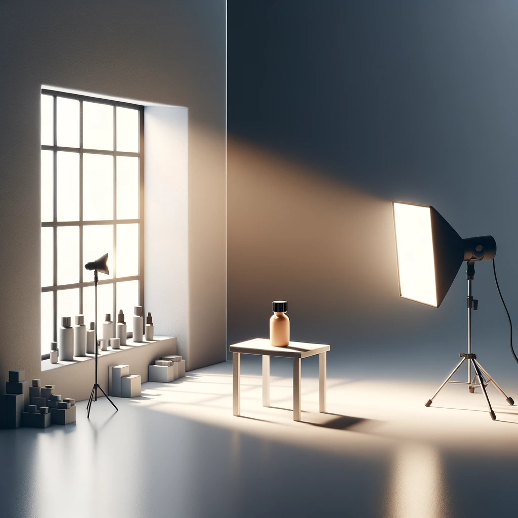 minimalist photography studio with natural light from a window on the left and a single studio light on the right, each illuminating a product on a table