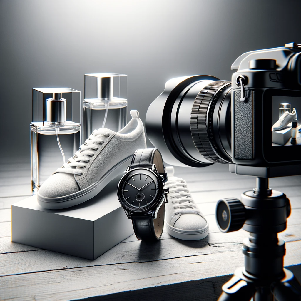 Minimalist photo of a camera with a black watch, white sneakers, and a perfume bottle, symbolizing the detailed, attractive, and trustworthy aspects of product photography