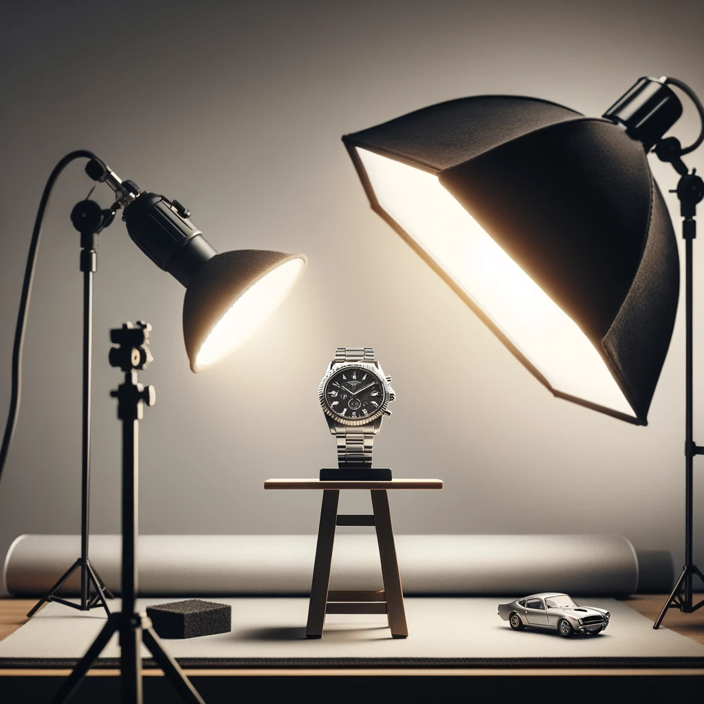 Photography studio with a small softbox lighting a watch and a large softbox illuminating a model car, highlighting the contrast in lighting effects