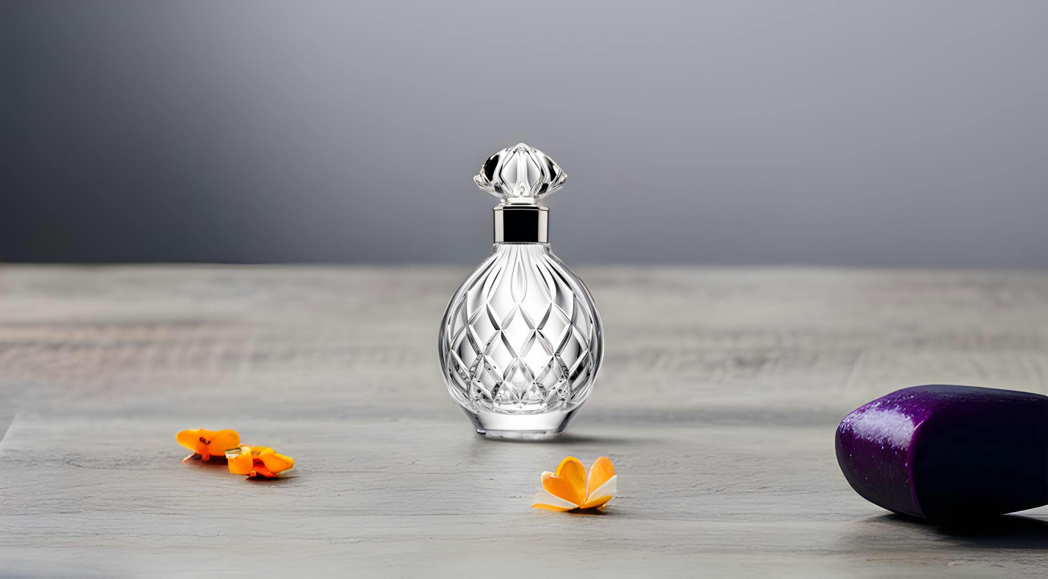 Eye-level product photography of a perfume bottle and flowers. Shot on 120mm with a Hasselblad camera, the high-resolution image.