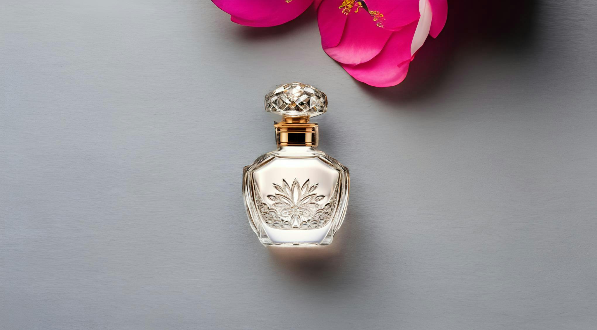 Eye-level product photography of a perfume bottle with pink and gold flowers. Shot on 120mm with a Hasselblad camera.