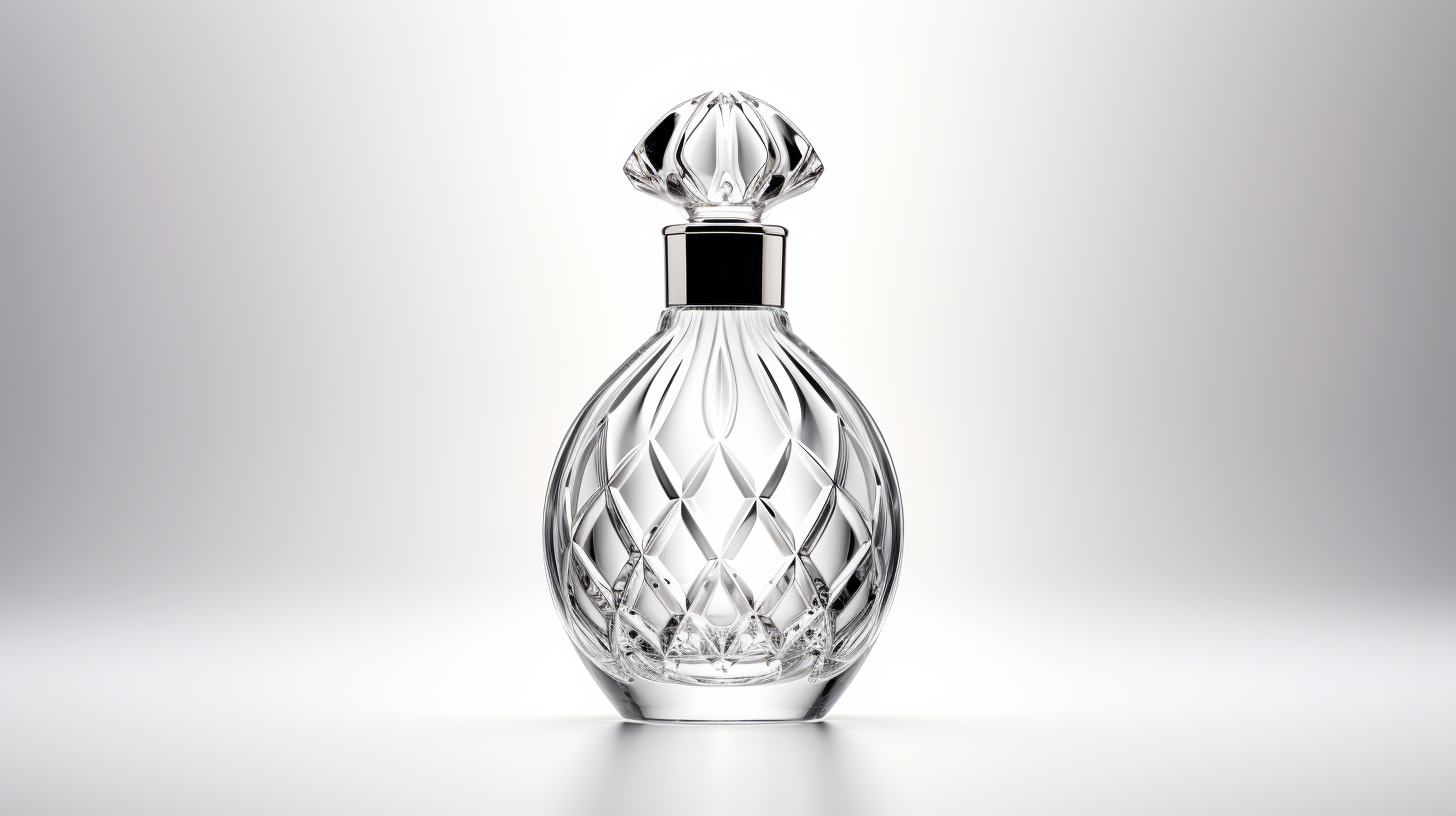 Eye-level product photography of a perfume bottle and flowers. Shot on 120mm with a Hasselblad camera, the high-resolution image.